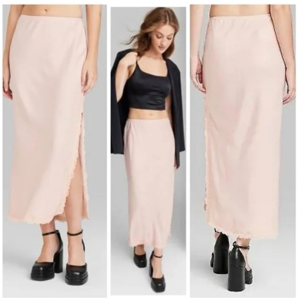 NWT size L Wild Fable Woman's Satin Lace Trim Midi Skirt ~ Pink - Picture 3 of 9